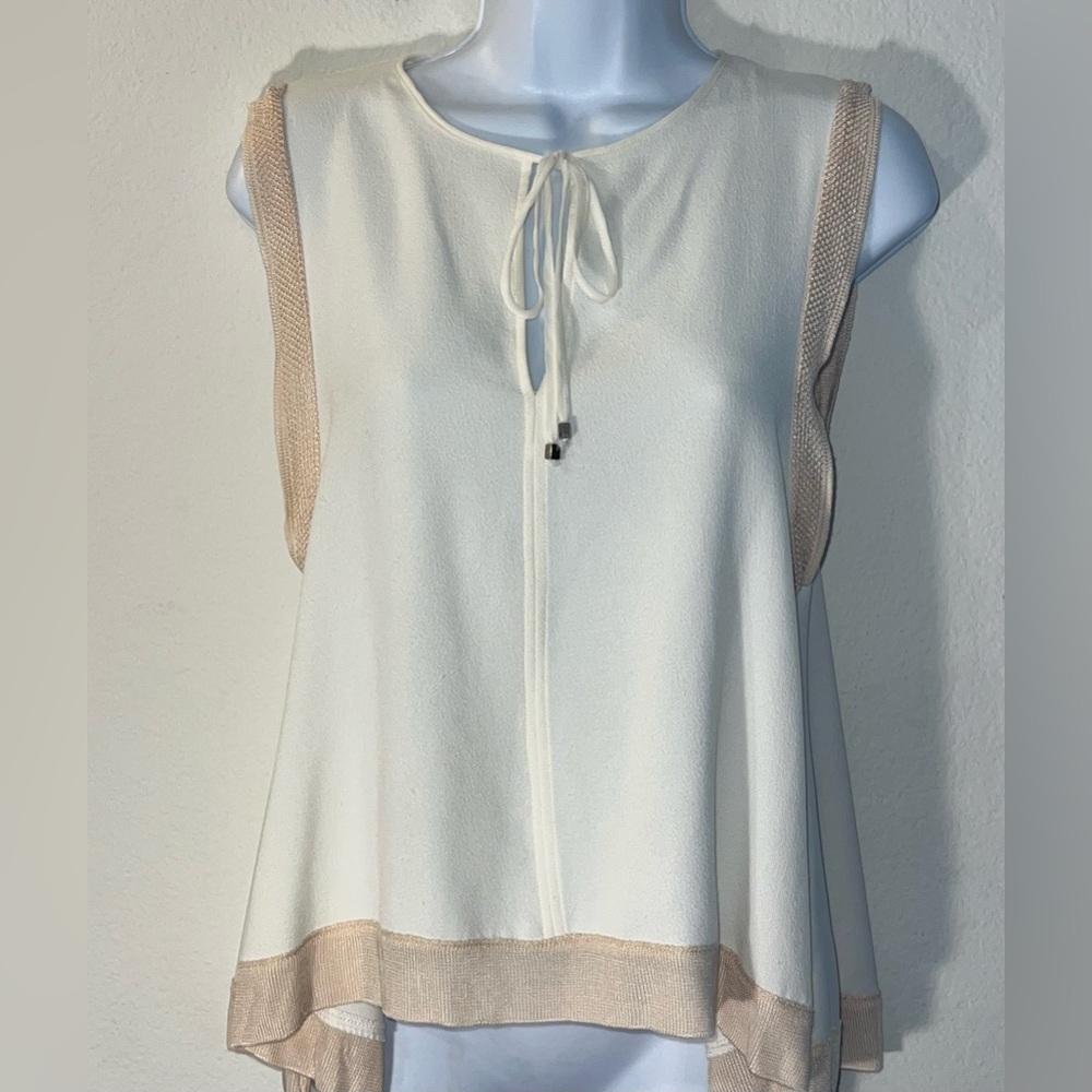 Zara Cream and Tan Sleeveless Tie Front Blouse small
